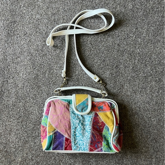 Vintage 90s Y2K Chateau Genuine Leather Patchwork Top Handle Crossbody Bag - Picture 1 of 15